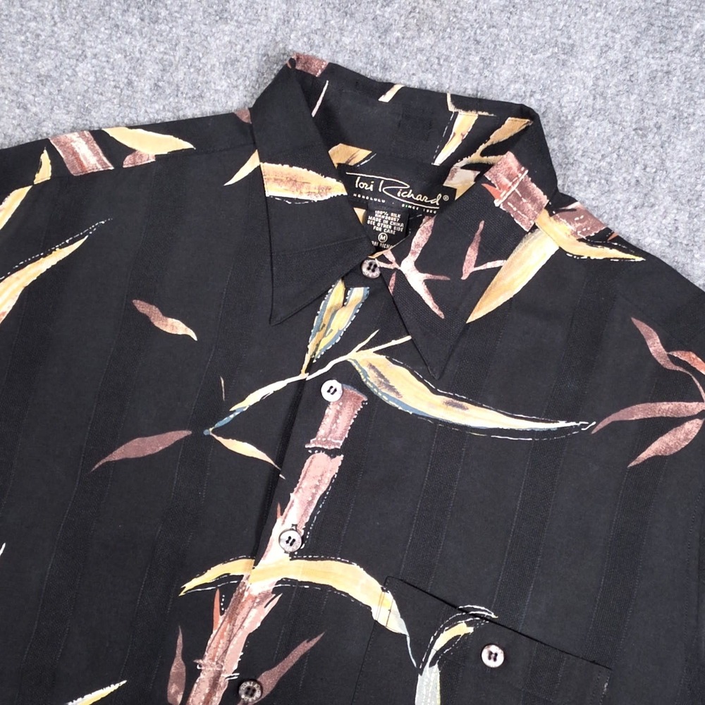 Tori Richard Honolulu Silk Shirt Mens Medium Black Silk Hawaiian Bamboo